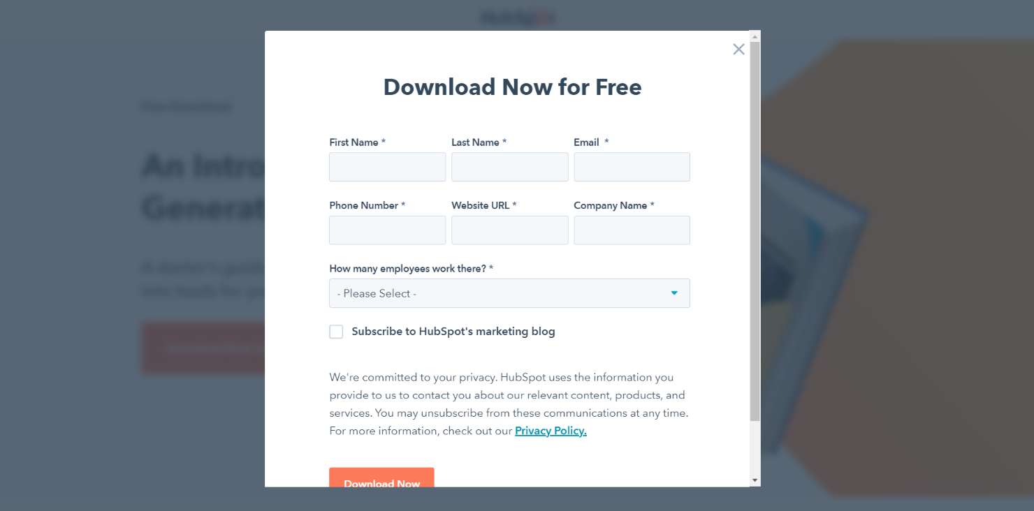 หน้า Landing Page ของแบบฟอร์ม HubSpot