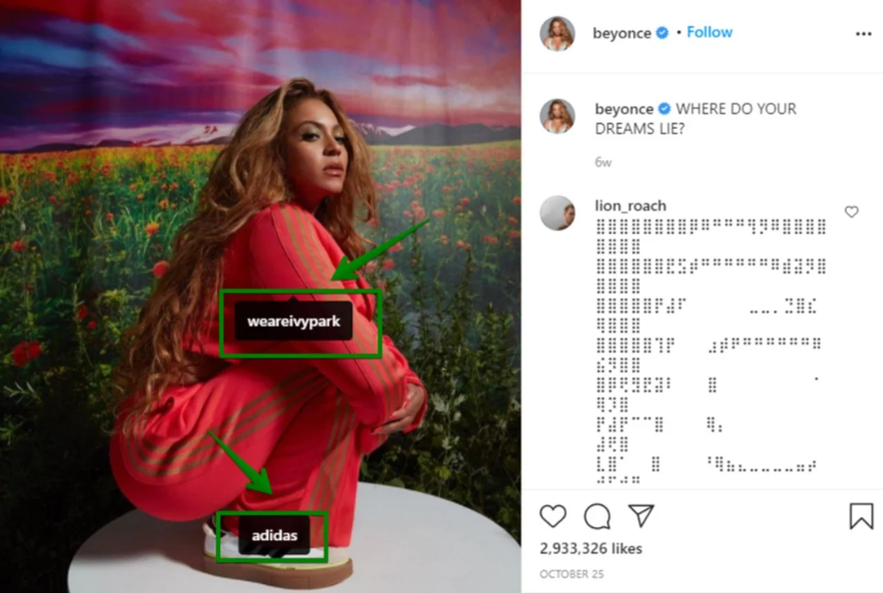 Publicación de Instagram asociada de Beyonce para promoción cruzada