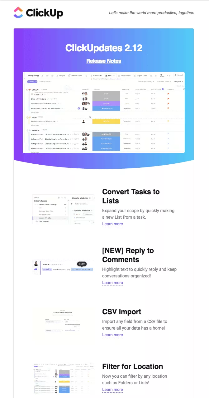 Automated email template —  Product Updates