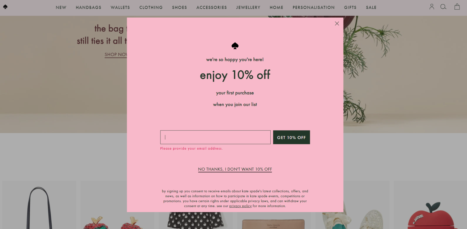 Werbe-Popup für Kate Spade