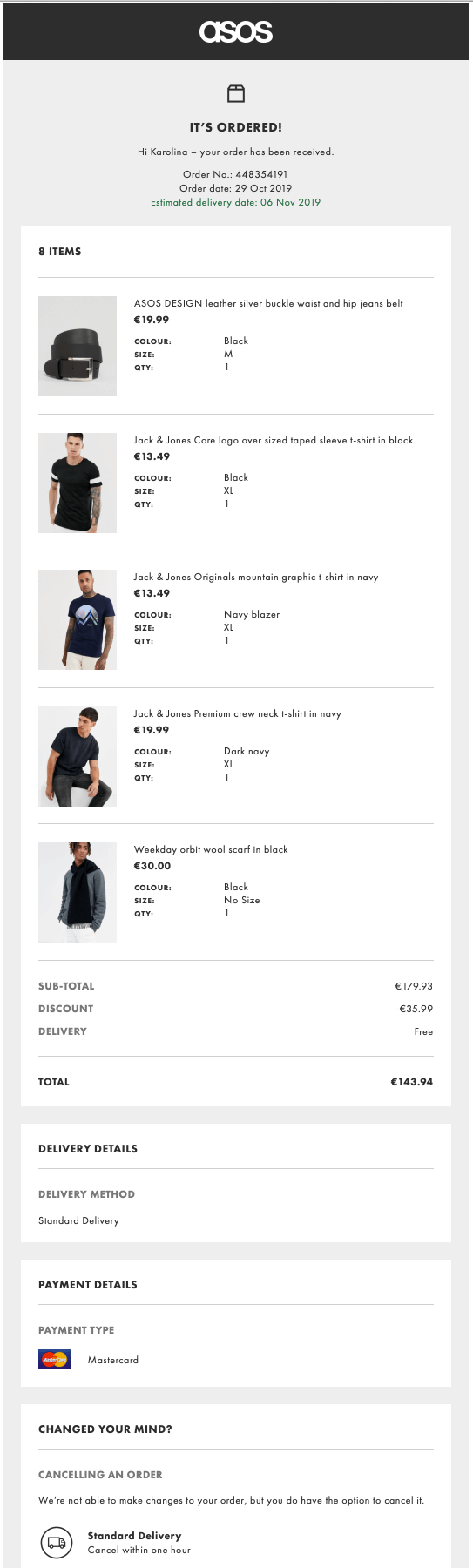 Beispiel für eine Bestellbestätigungs-E-Mail von Asos