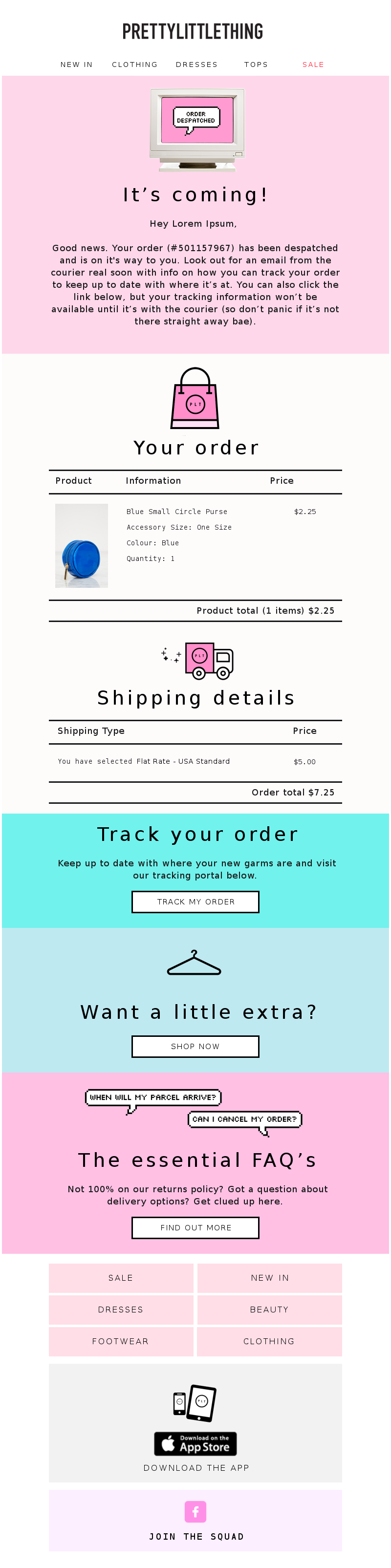 E-mail de confirmação de pedido de PrettyLittleThing