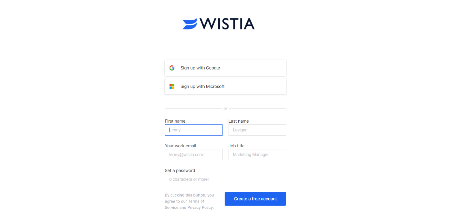 Formularul paginii de destinație Wistia