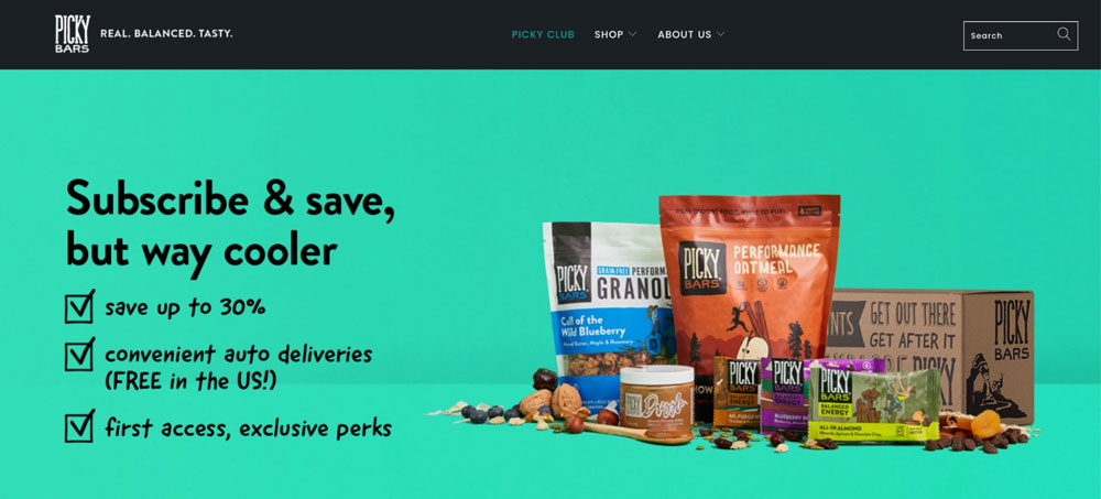 esempio di servizio clienti da "Picky Club" di Picky Bars. Il servizio di abbonamento di questa azienda di superfood va oltre l'invio ai clienti dei loro prodotti pubblicizzati. Offrono vantaggi gratuiti come le magliette per eccitare i clienti e farli sentire coccolati.