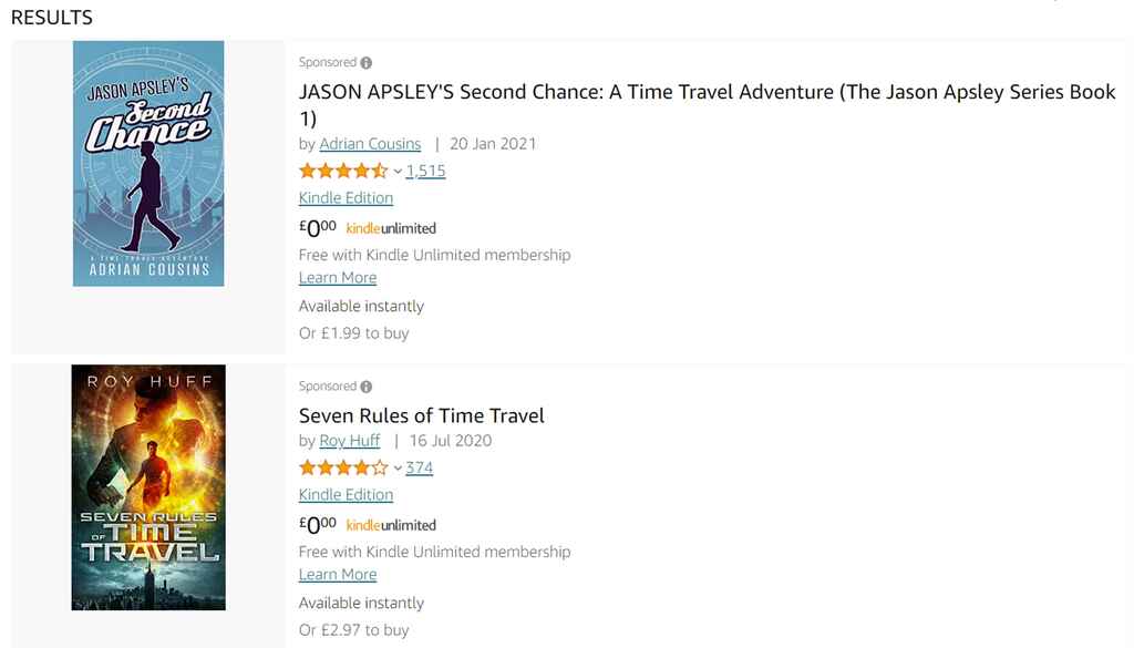 Screenshot von gesponserten Büchern im Suchergebnis für Zeitreisebücher