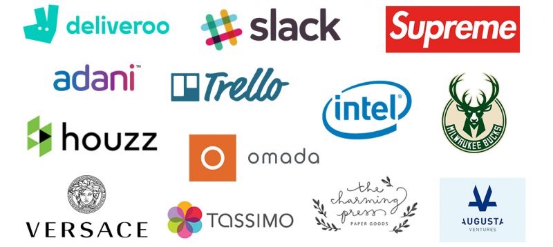 Zusammenstellung von Logos in verschiedenen Grafikdesignstilen, darunter Deliveroo, Slack, Intel und mehr