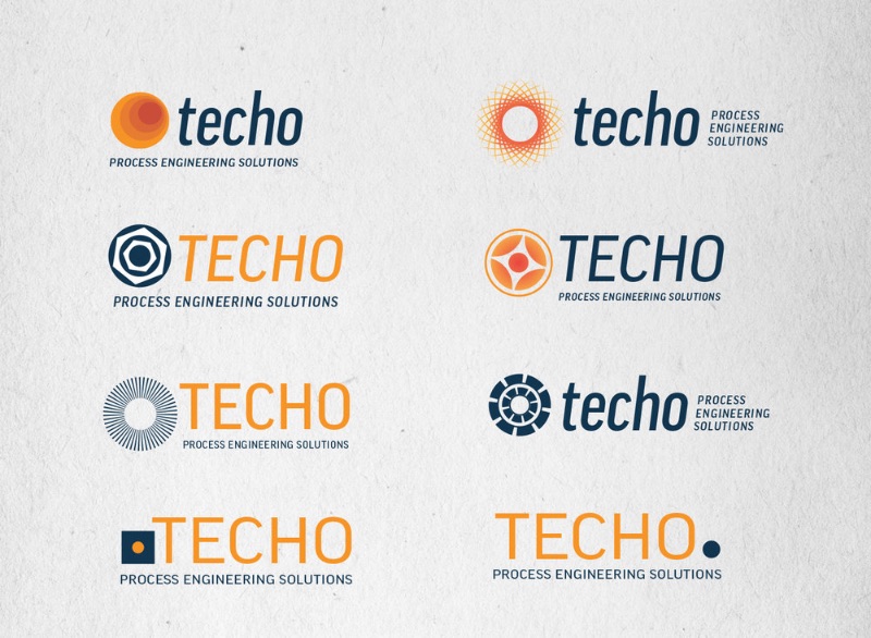 Hypothetische Logo-Grafikdesigns für ein verfahrenstechnisches Unternehmen namens Techo