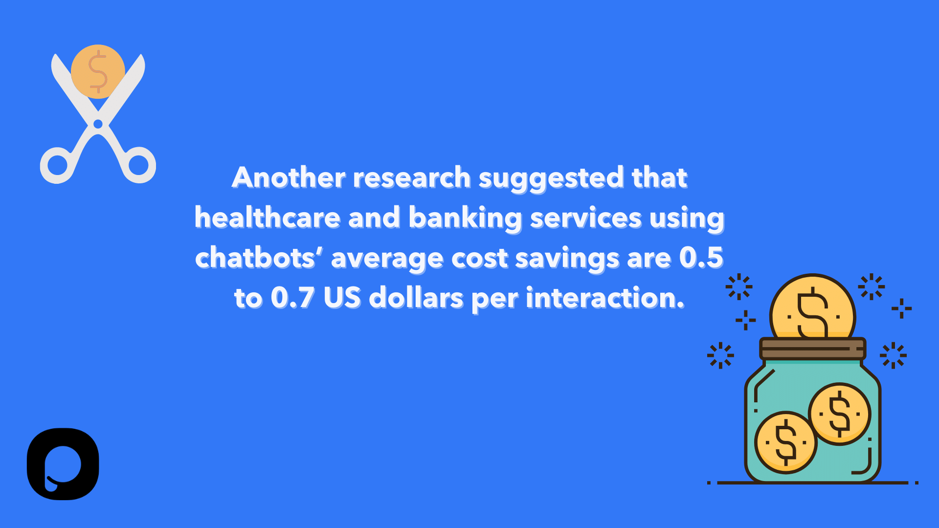 o propoziție despre statisticile chatbot privind economisirea costurilor, inclusiv ilustrațiile unui borcan plin cu monede și foarfece tăind o monedă