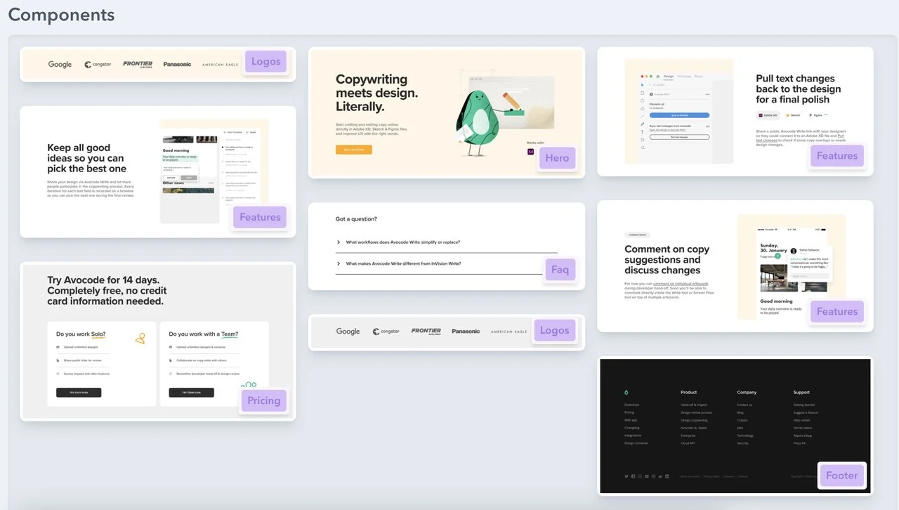 Composants de la page de destination Avocode