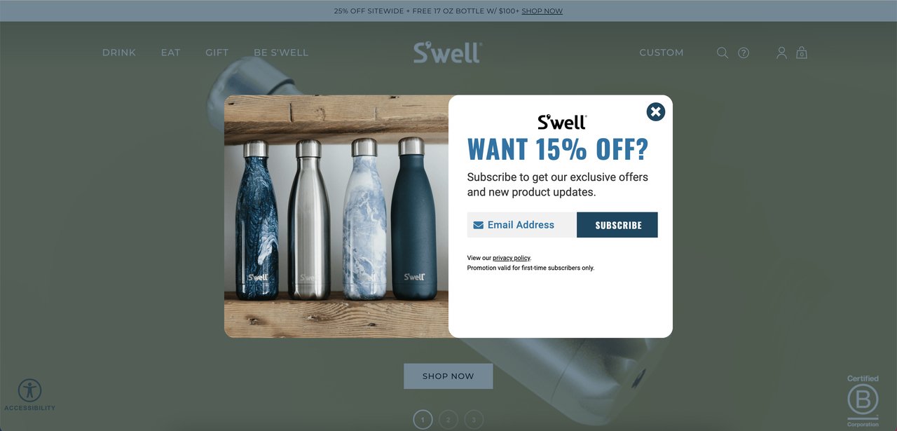 Swell pop-up de comércio eletrônico da página de destino