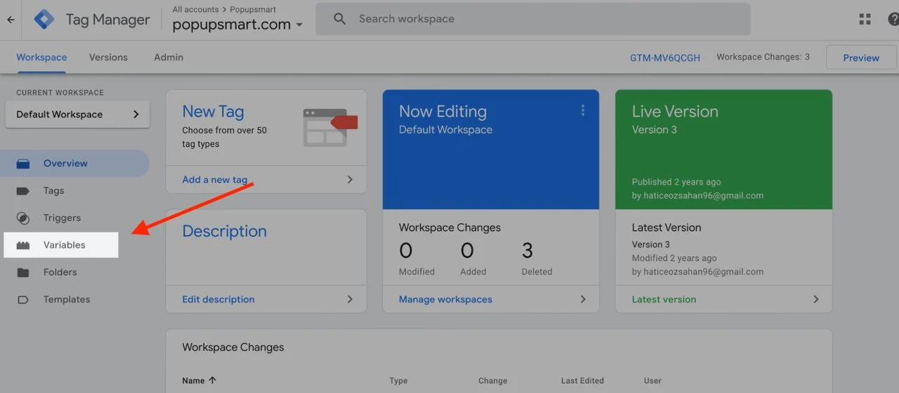Haga clic en variables en Google Tag Manager