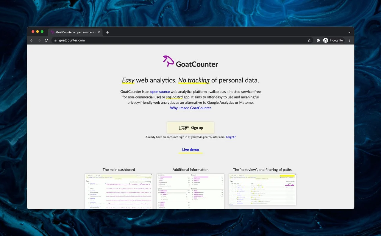 Goatcounter açık kaynaklı Google Analytics alternatifi