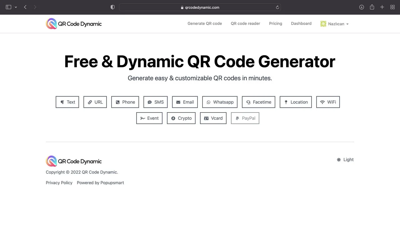 Screenshot of qrcodedynamic website dashboard