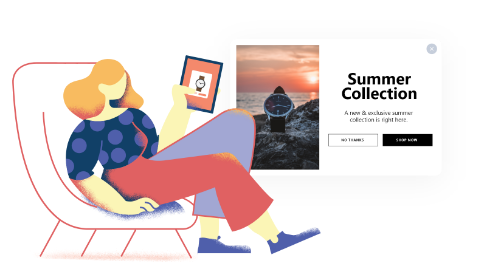 uma garota sentada e olhando para um relógio de seu design popup da coleção de verão do ipad por popupsmart