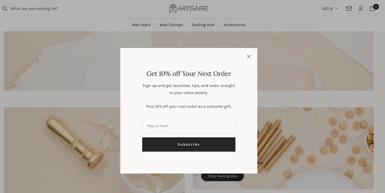 Artisaire shopify النشرة الإخبارية المنبثقة