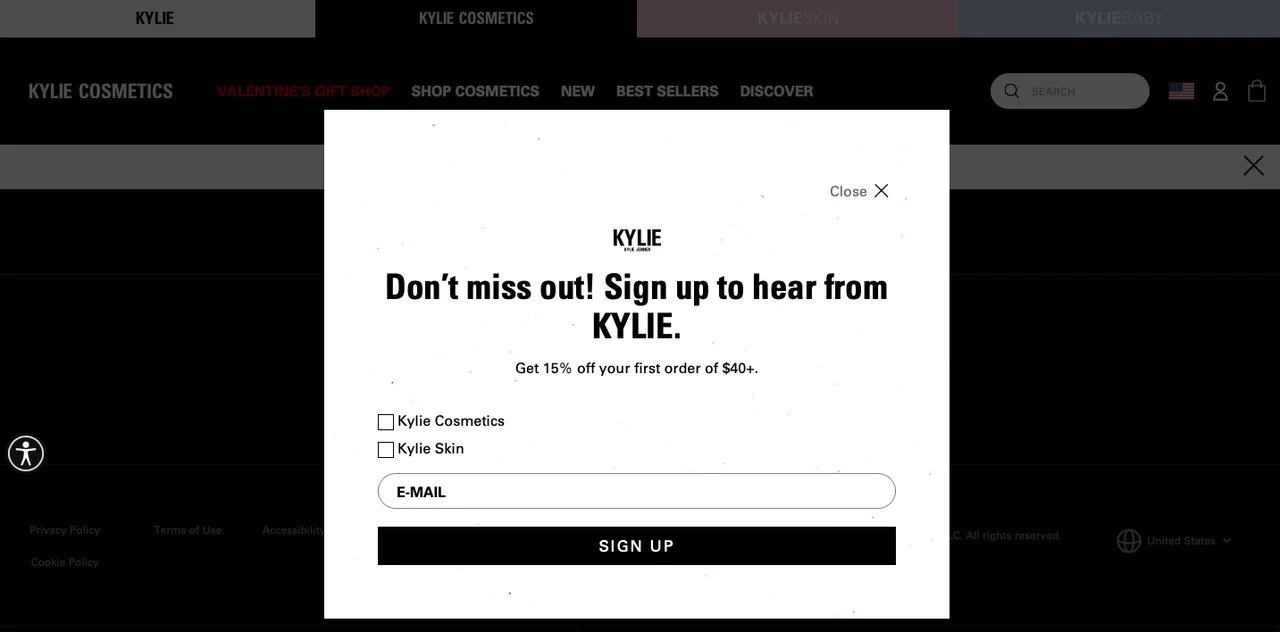 kylie เครื่องสำอาง shopify ป๊อปอัปอีเมล