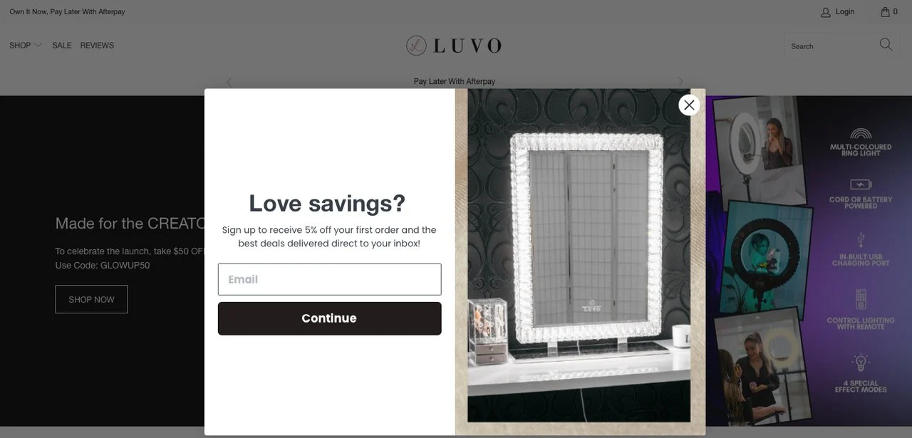 luvo shopify البريد الإلكتروني المنبثقة