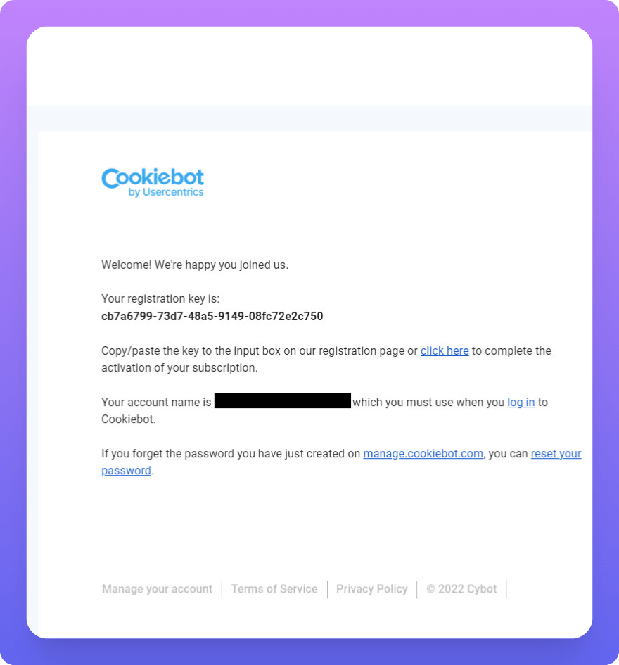 cookiebot transactional email example welcoming the users