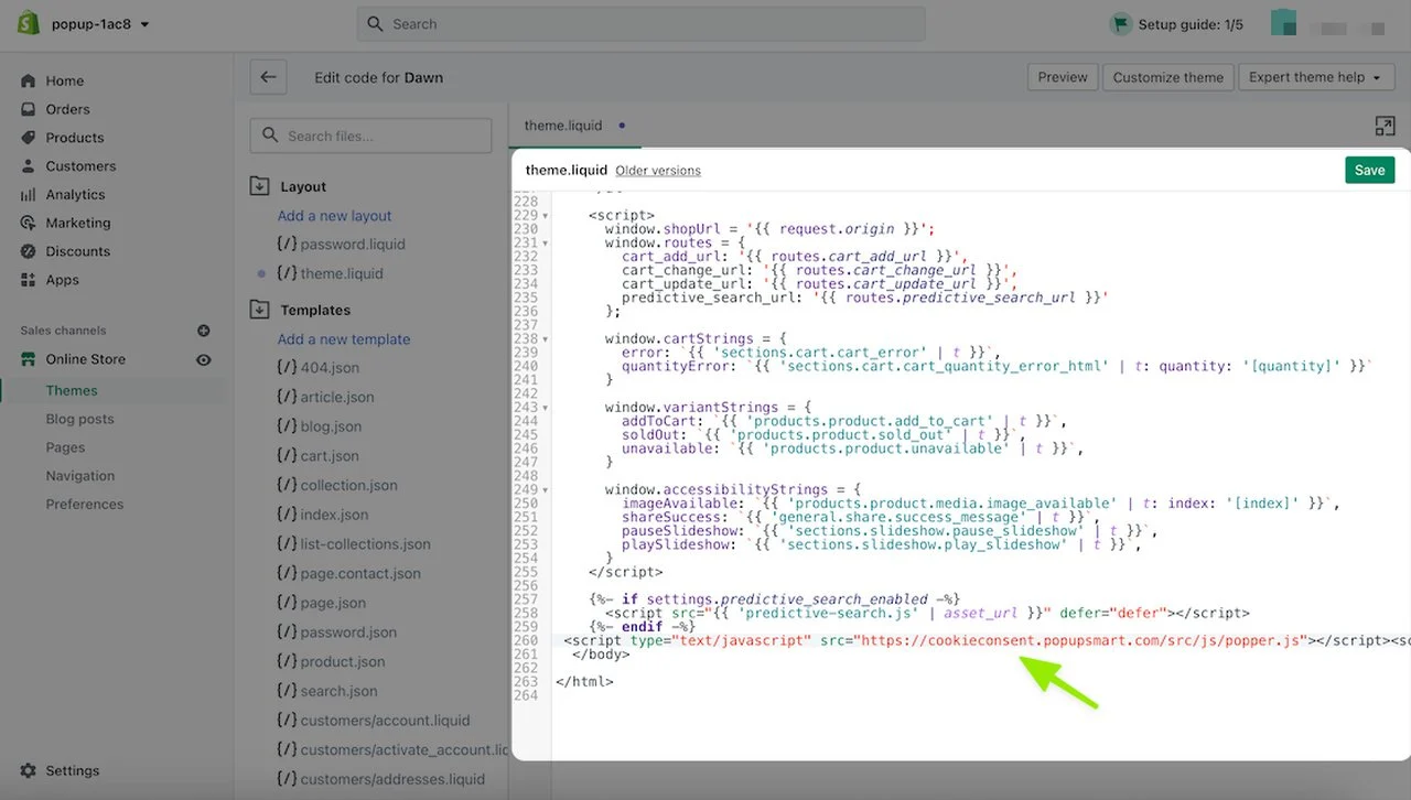 Hinzufügen des Cookie-Zustimmungscodes zu Shopify Schritt 2