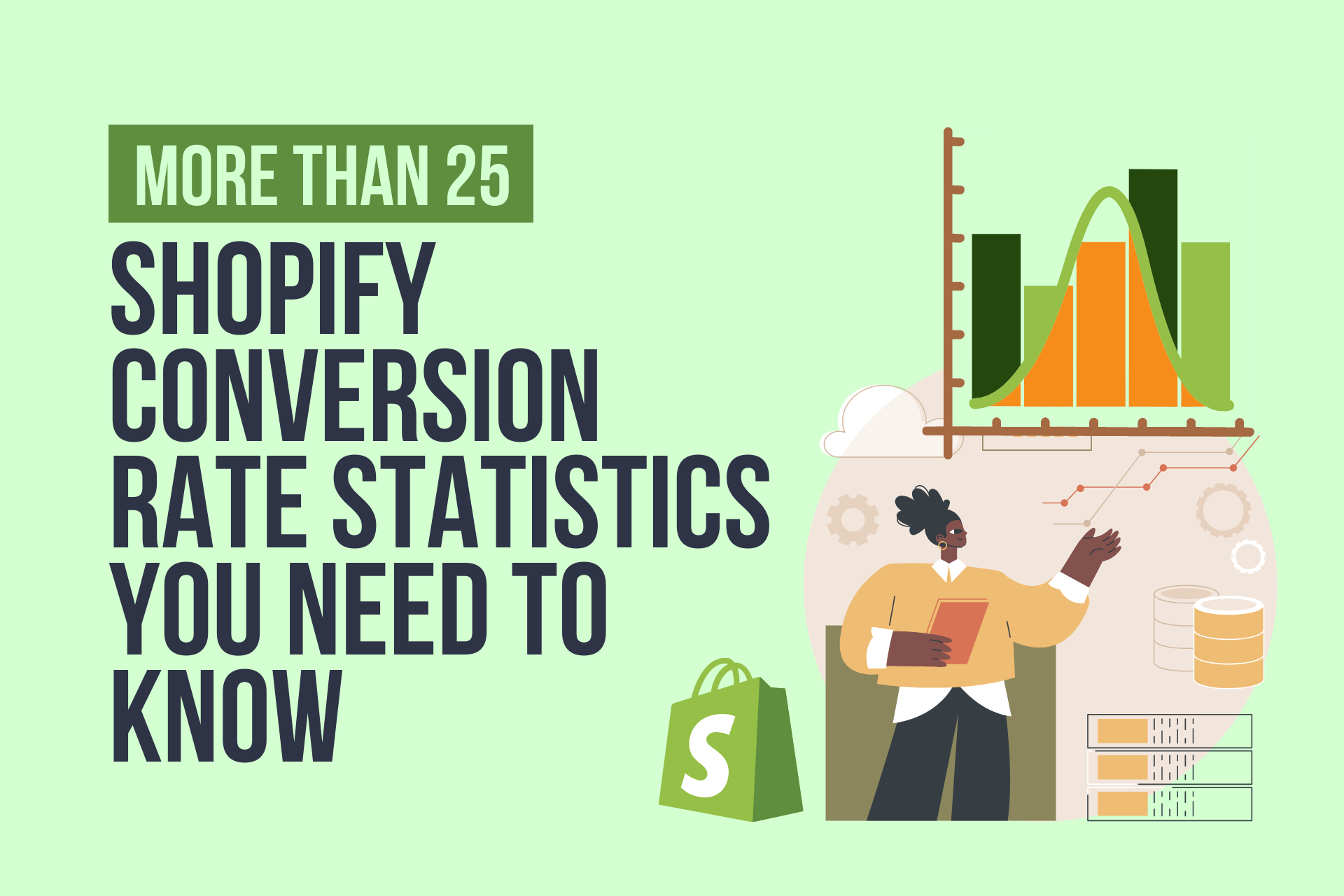 gambar sampul yang mengatakan "lebih dari 25 statistik tingkat konversi Shopify yang perlu Anda ketahui" dengan seorang gadis, diagram statistik, dan logo Shopify