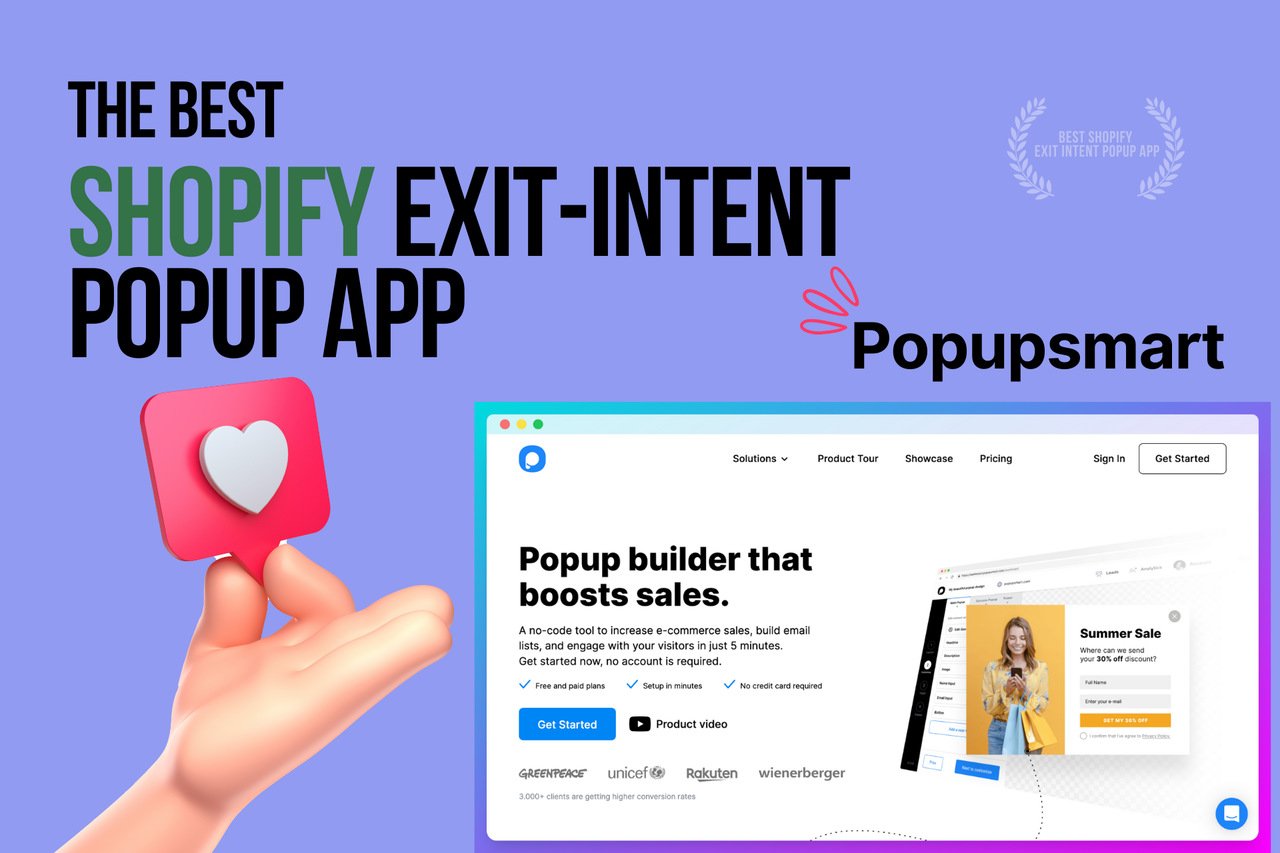 a hand with a heart showing Popupsmart-website- as best-shopify-exit-intent-popup-app