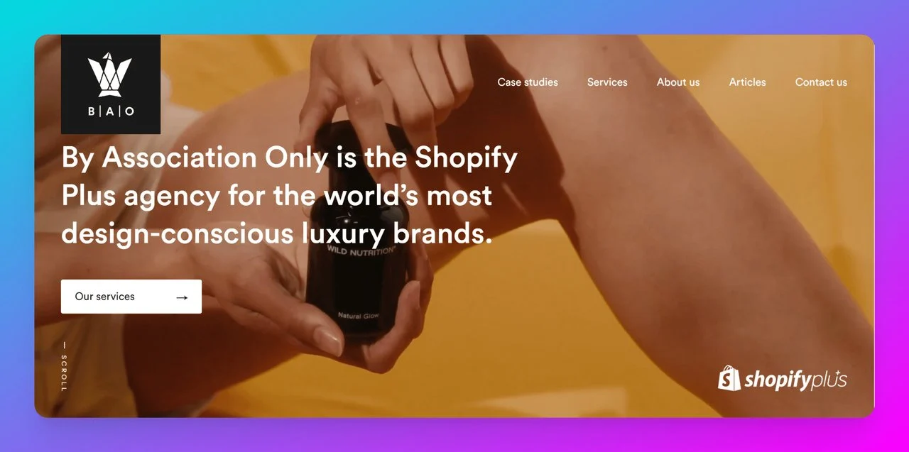 by-association-only-website-showing-a-hand-with-a-prefum-in-the-background-and-content-tentang-shopify-plus-agancy-in-uk