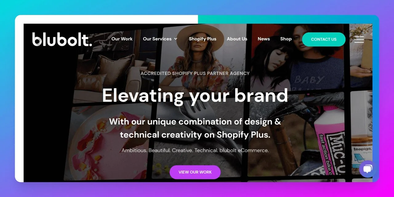 blubolt-website-zeigt-einige-projektbilder-hintergrund-mit-texten-uber-die-besten-shopify-plus-agancy-in-uk