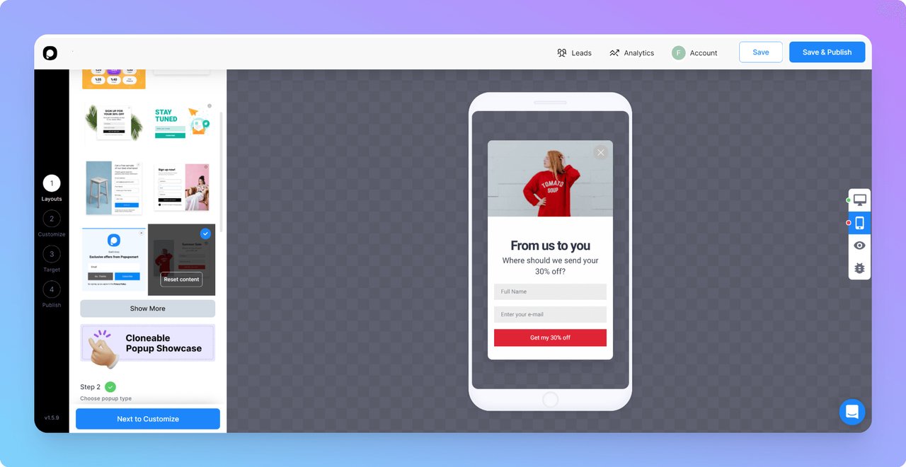 créer-un-design-popup-mobile-personnalisé-avec-l'outil-Popupsmart