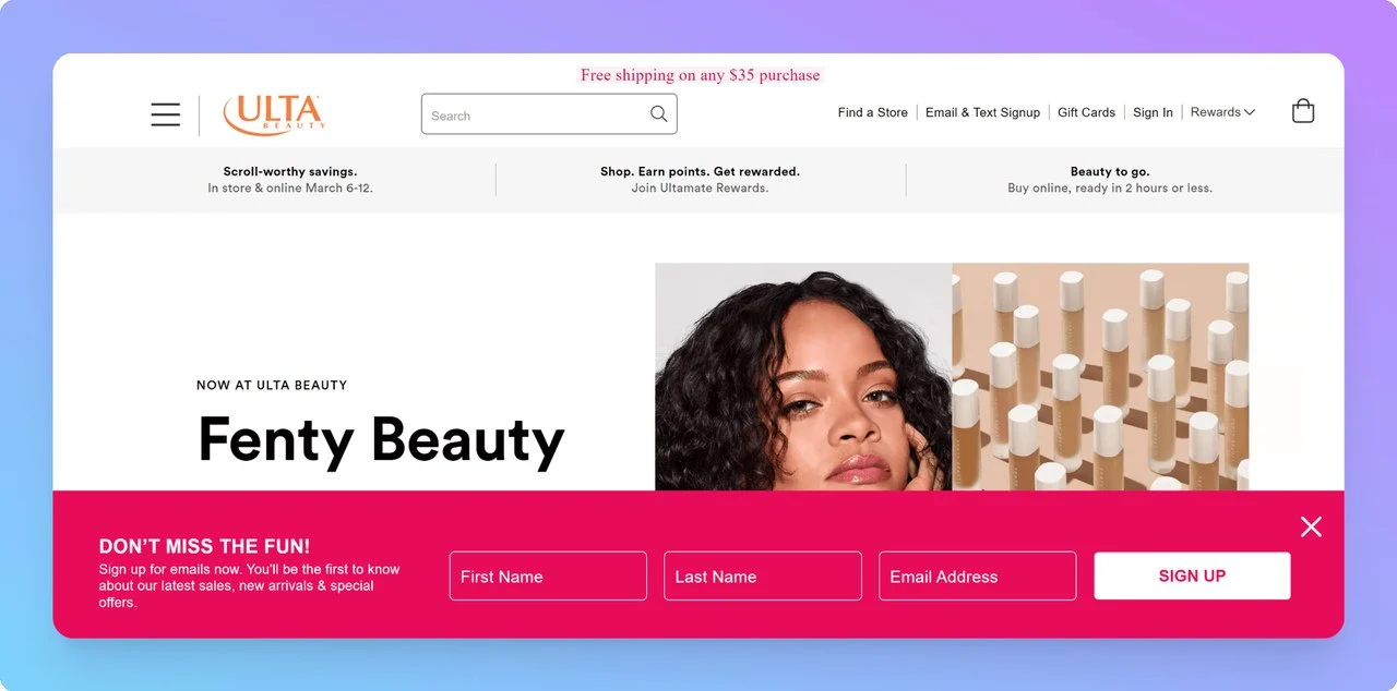 ultra-beauty-contrasting-floating-bar-pink-popup-design-best-practices