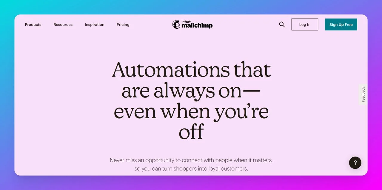 Mailchimp-website-screenshot-with-pink-background-with-texts-about-email-marketing-lead-generation-automation อัตโนมัติ