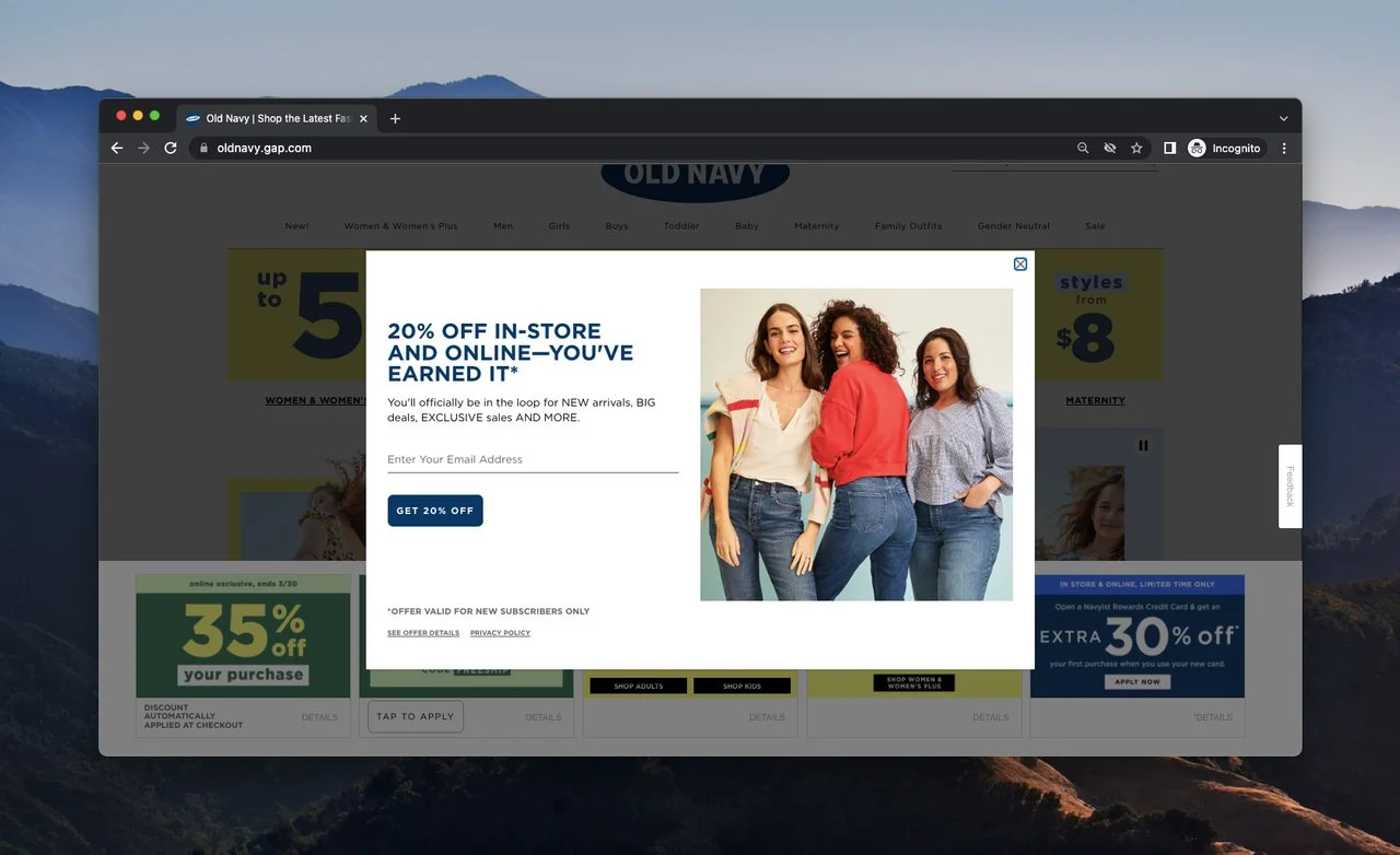 exemplu de mesaj pop-up al Old Navy