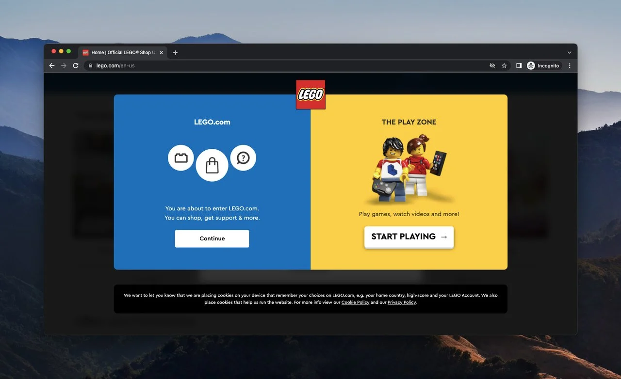 Beispiel für eine Popup-Nachricht von Lego