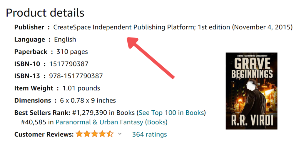 Ein Screenshot der Amazon-Beschreibung von R.R. Virdi’s Grave Beginnings zeigt, dass CreateSpace als Herausgeber genannt wird.