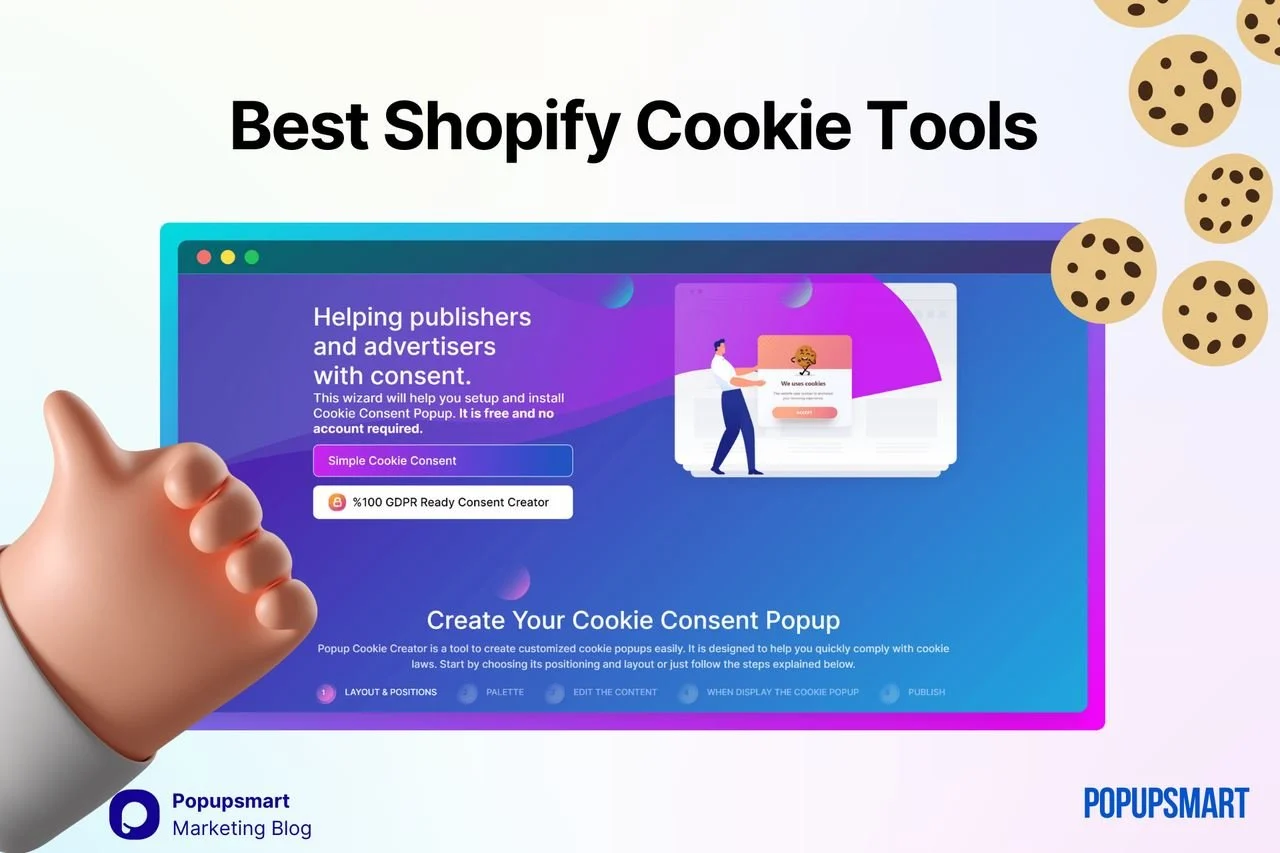 Popupsmart-Shopify-cookie-tool-website-with-purpule-background-and-cookie-consent-popup