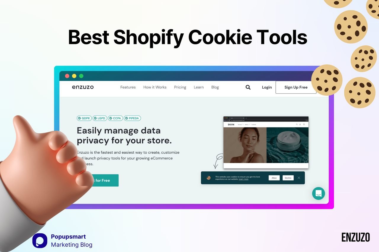 Enzuzo-Shopify-cookie-tool-website-screenshot-with-green-theme-and-cookie-consent-popup