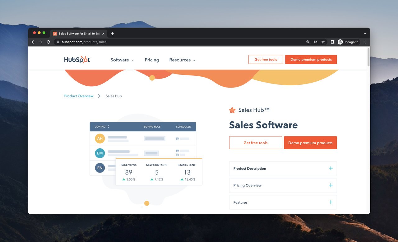 screenshot della pagina dell'hub di vendita di hubspot