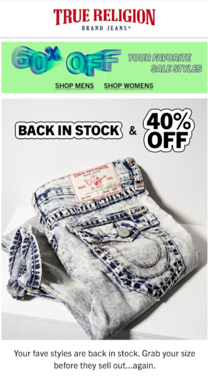 true religion est de retour en stock email