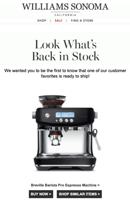 williams sonoma de retour en stock e-mail