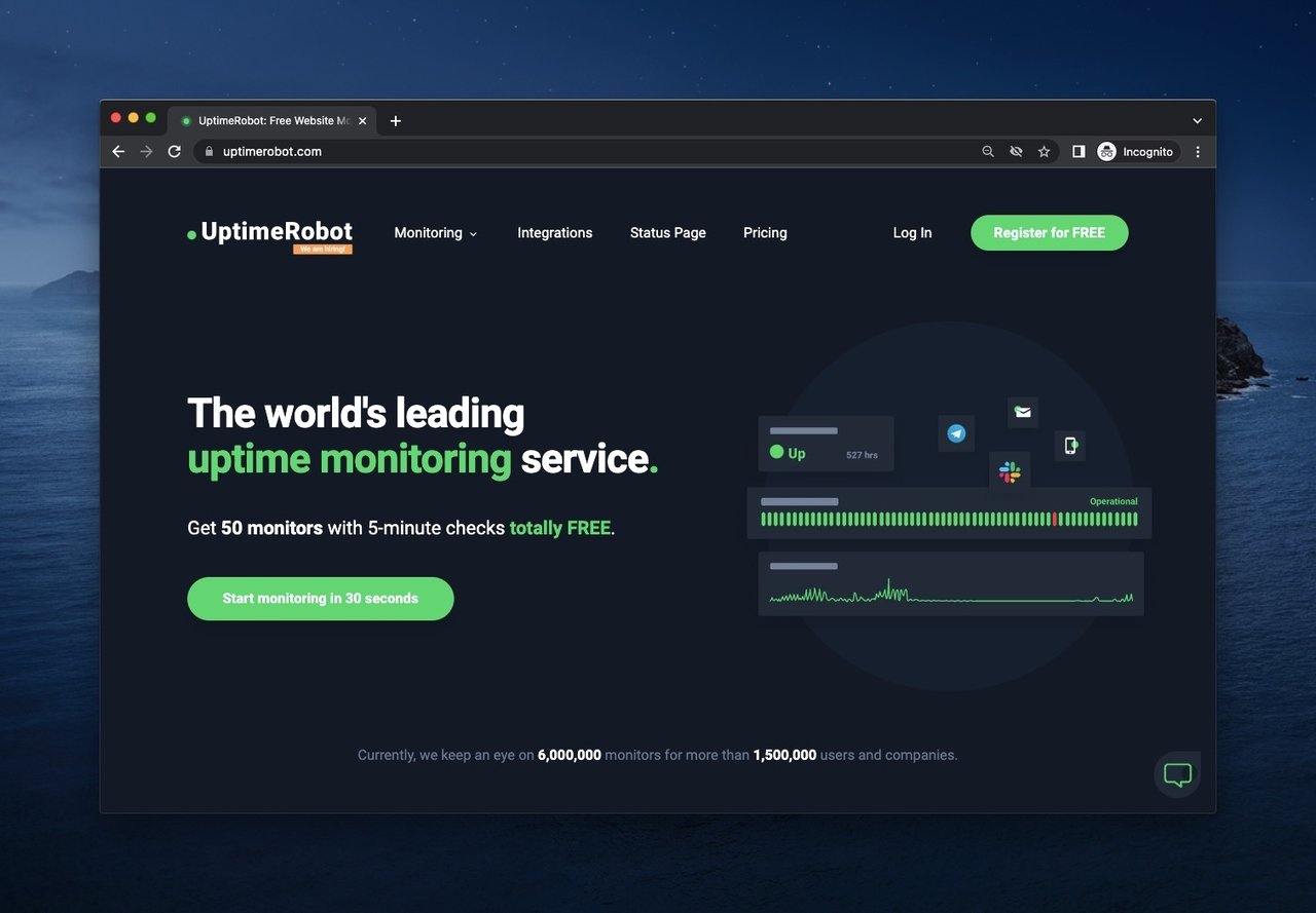 la capture d'écran de la page d'accueil d'UptimeRobot qui est un outil de surveillance de la disponibilité