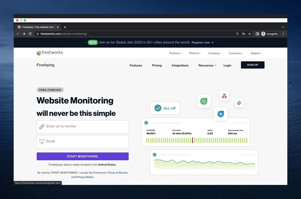 captura de ecran a paginii de pornire a lui Freshping, care este un instrument de monitorizare a timpului de funcționare