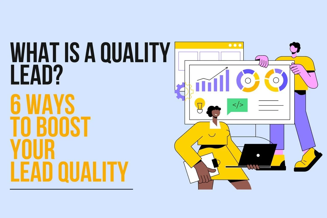 a girl and a boy illustration analyzing charts to see their lead generation and lead quality results and the title of content that is placed on the left side