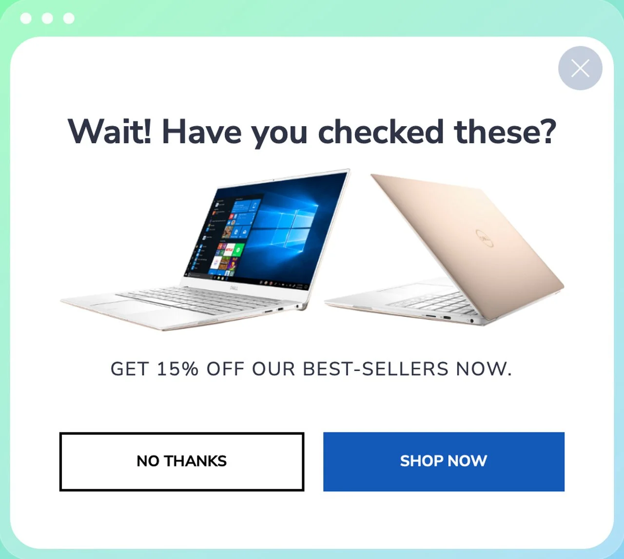 an exit intent popup offering discount with two laptop images