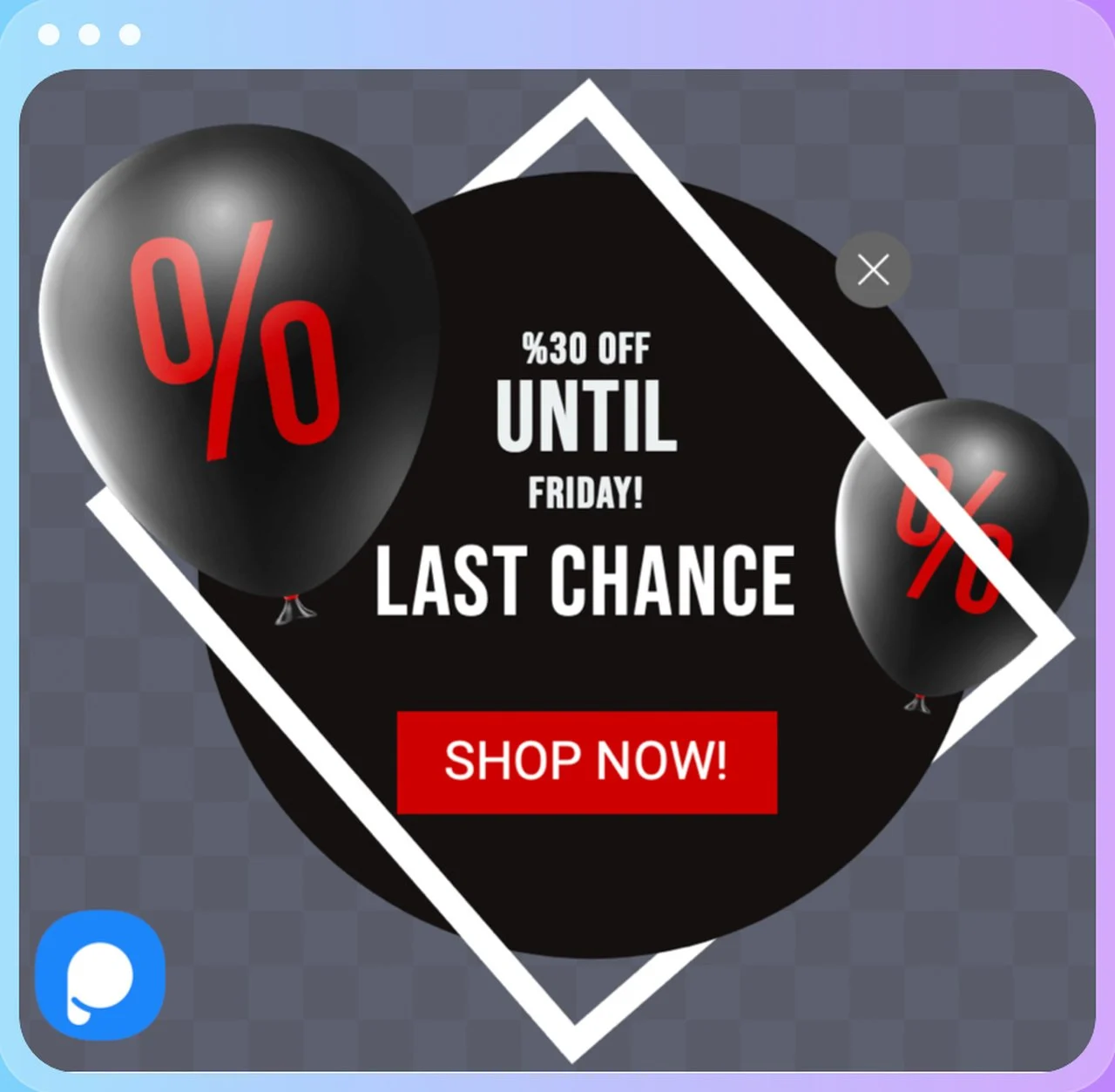 an example of FOMO popup by Popupsmart including black balloons offering a limited time discount