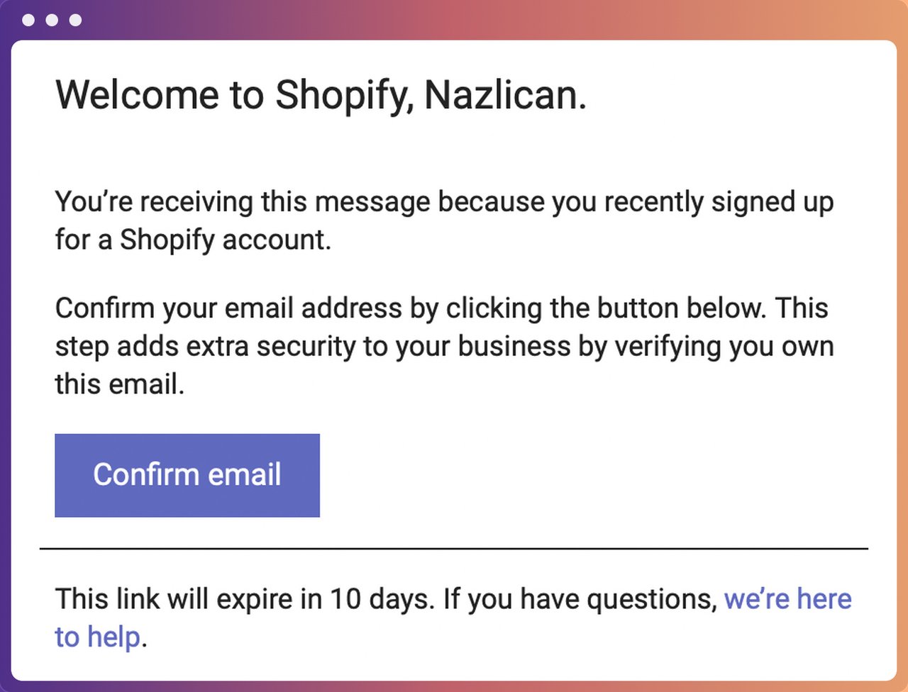 Shopify Partners Confirmation Email screenshot including a welcome message and Confirm Email button