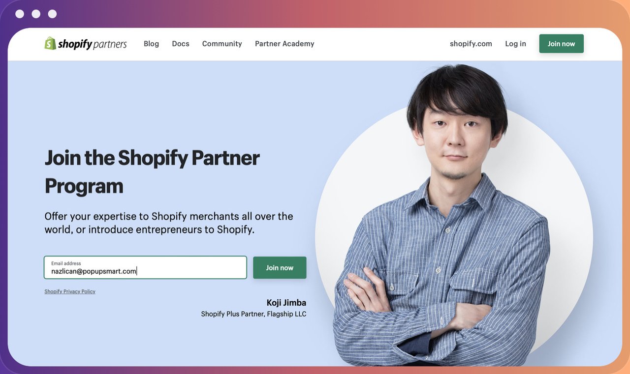 Shopify Partners landing page screenshot featuring Shopify Plus Partner Koji Jimba