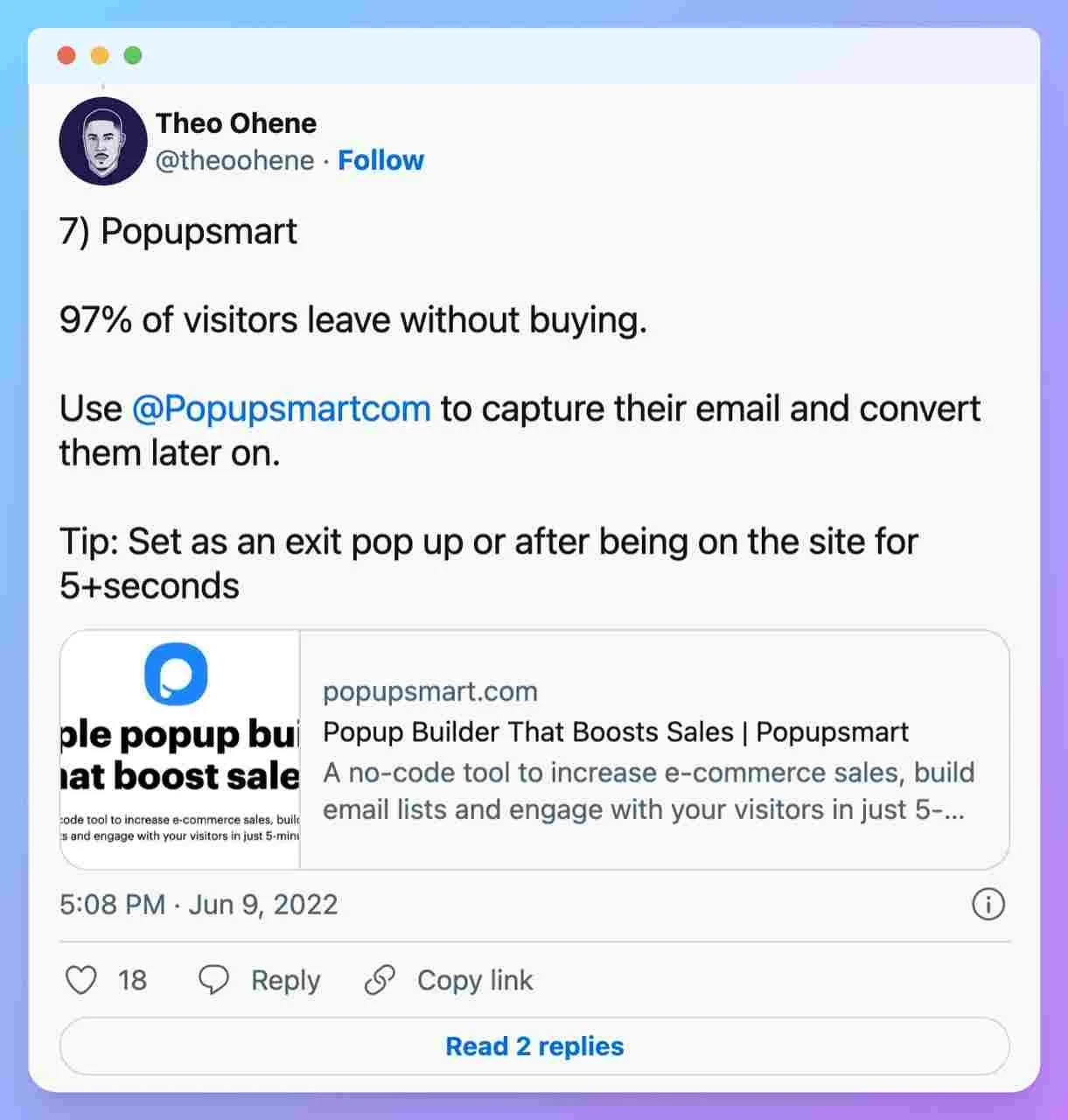 a tweet screenshot from theo ohene promoting popupsmart as one of the best popup builder tools to capture leads and convert them