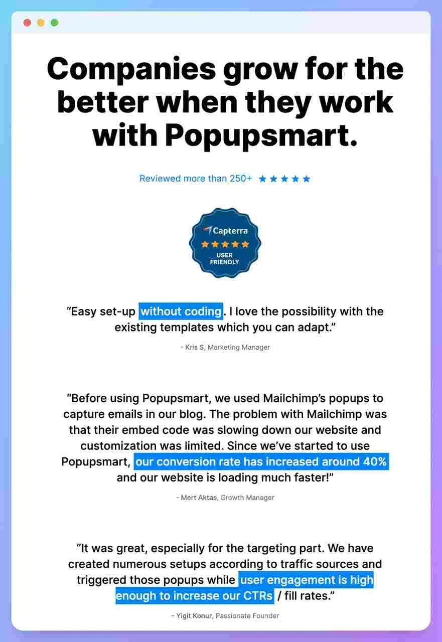 a screenshot of Popupsmart's testimonial page with a Capterra badge that showcases several possitive testimonials and reviews from its former customers 