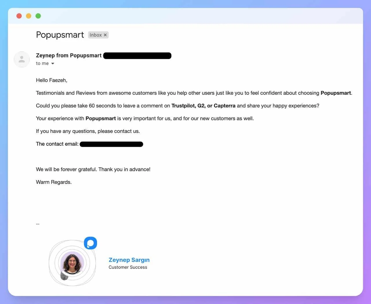 a screenshot of a follow up testimonial email request from Popupsmart's support team asking a happy customer to share their exprience on platforms like G2, userpilot or Capterra