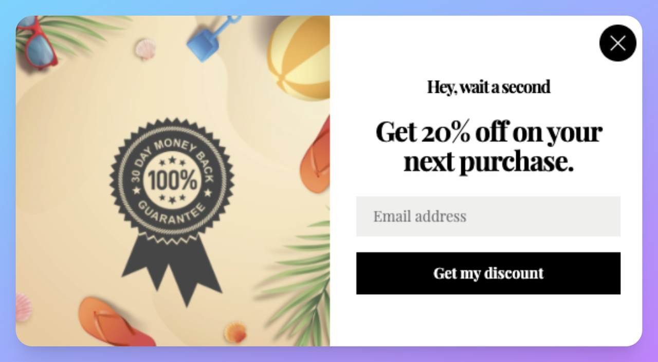 a popup with a trust badge that offers 20% off in the next purchase just for the user's email address a technique that helps the email list building processdiscount-offer-for-email-list-building