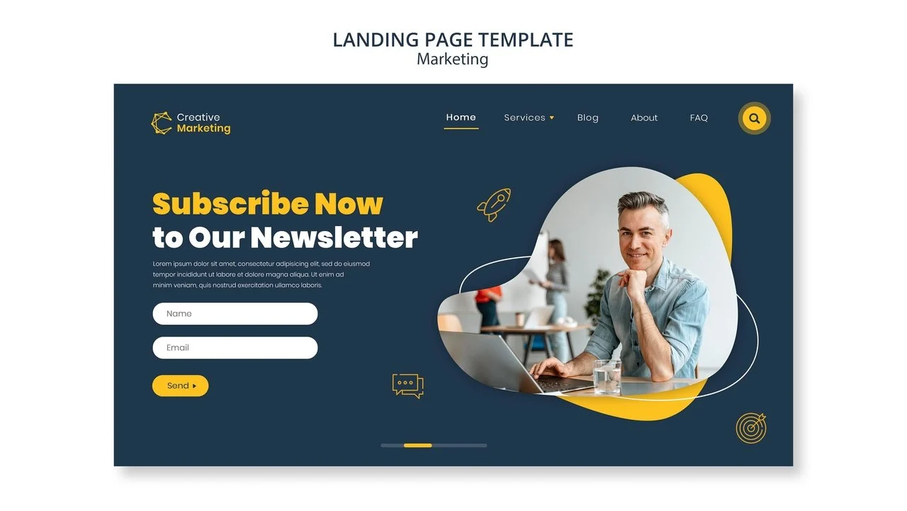 ตัวอย่างหน้า Landing Page ที่เกี่ยวข้องกับพื้นที่การตลาดและชายผมหงอกที่โพสท่าสำหรับหน้า Landing Page